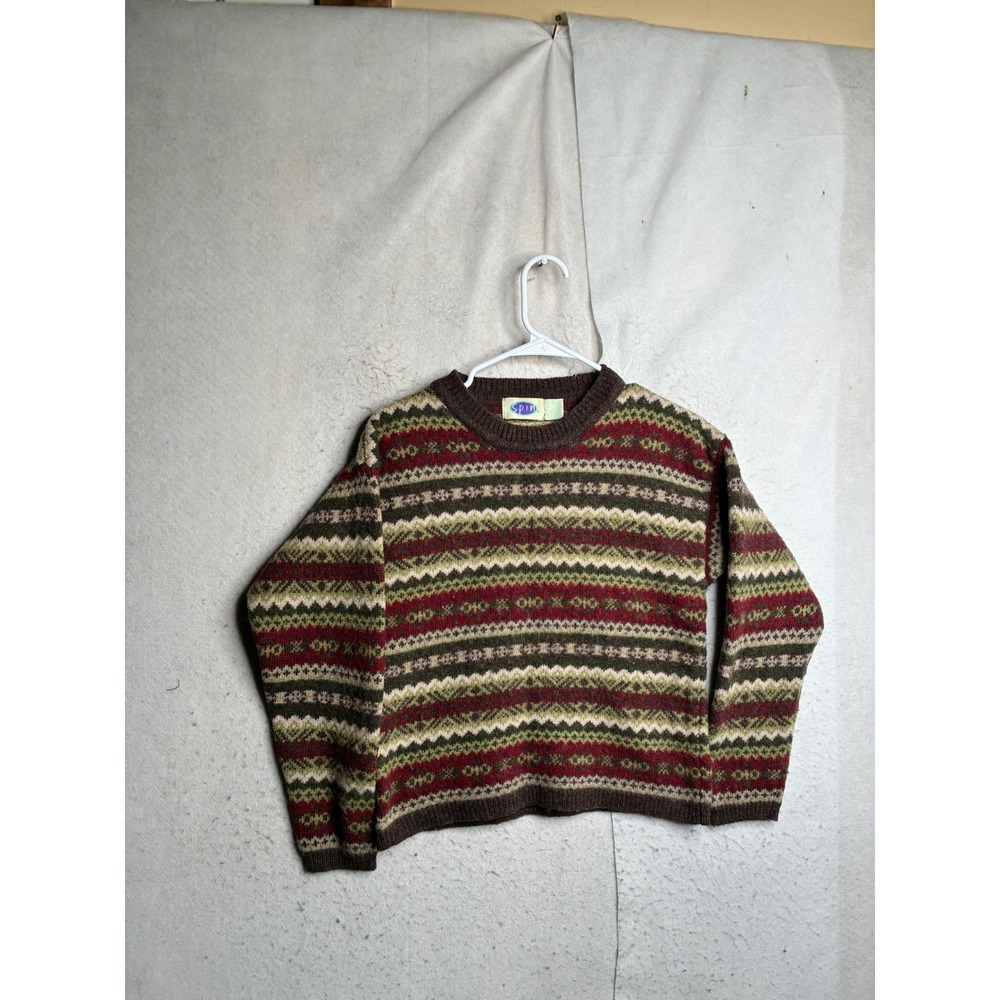 Vintage Spin 100% Shetland Wool Fair Isle Sweater Brown Green Red Small